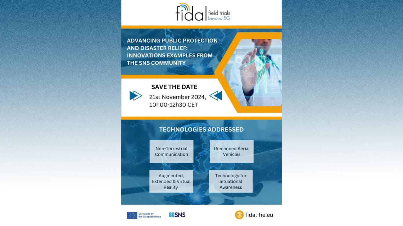 Banner for the FIDAL PROJECT webinar "Advancing Public Protection and Disaster Relief: Innovations examples from the SNS Community"